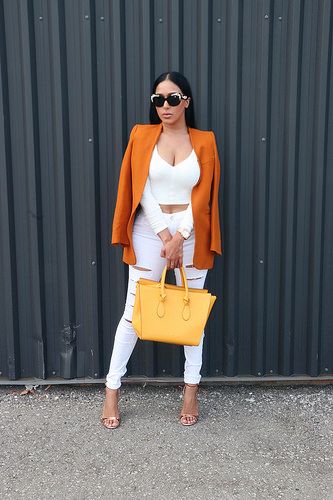 pinterest// kjvouge✨ White And Orange Outfit, Orange And White Outfits, Orange Outfit, Party Kleidung, Yellow Outfit, White And Orange, Orange And Yellow, White Outfits, Fashion Killa