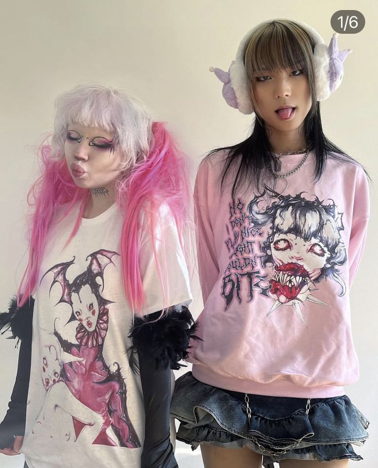 two mannequins dressed in clothes with pink hair and wigs are standing next to each other