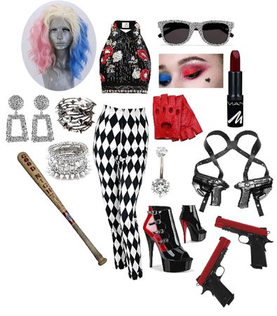 Harley Quinn Inspired Outfit, Assassin Outfit, Dc Outfits, Dancehall Outfits, Emo Outfits For Girls, Dark Red Lipstick, Harley Quinn Halloween Costume, Statement Earrings Silver, Ivy Fashion