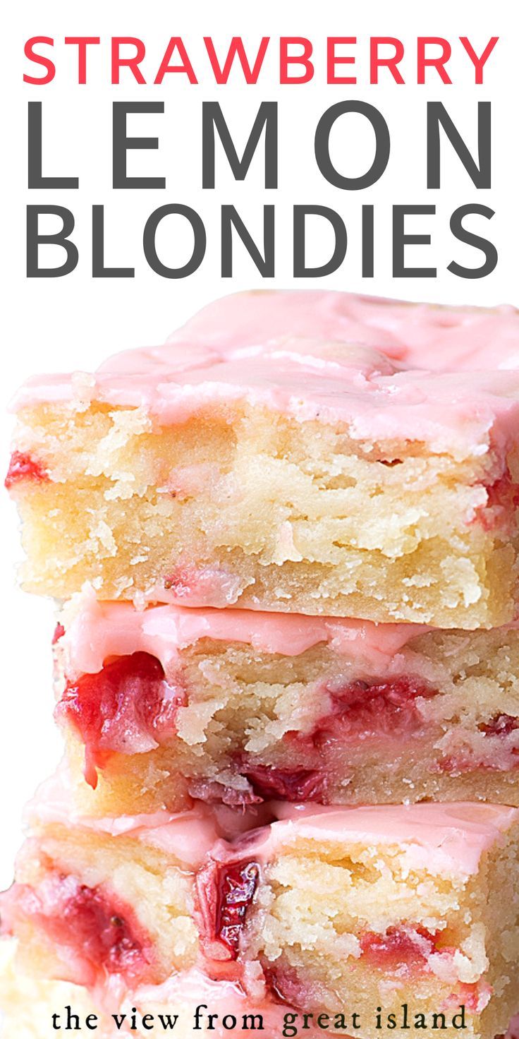 strawberry lemon blondies are stacked on top of each other with pink icing in the middle