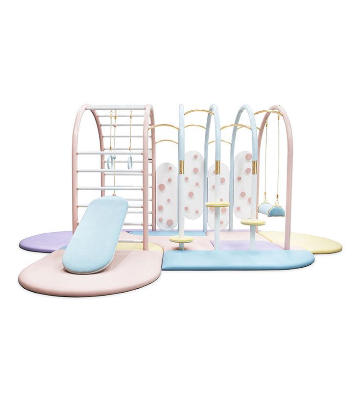 an assortment of toys including a swing, chair and bed in pastel colors on white background