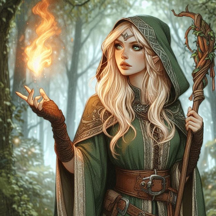 a woman dressed in green holding a wand and wearing a hoodie with flames coming out of her hands