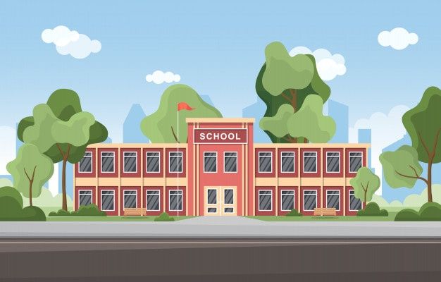 an illustration of a school building with trees around it