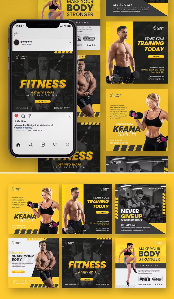 a yellow and black flyer for a bodybuilding gym with an image of a man's torso