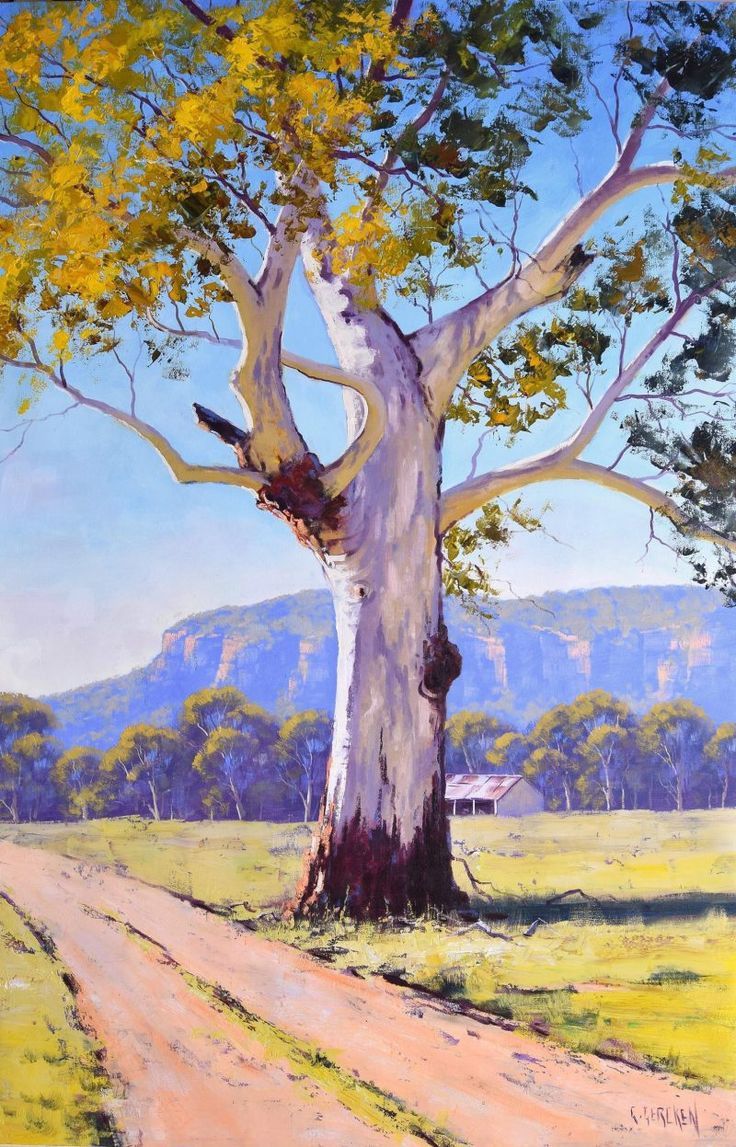 a painting of a tree on a dirt road