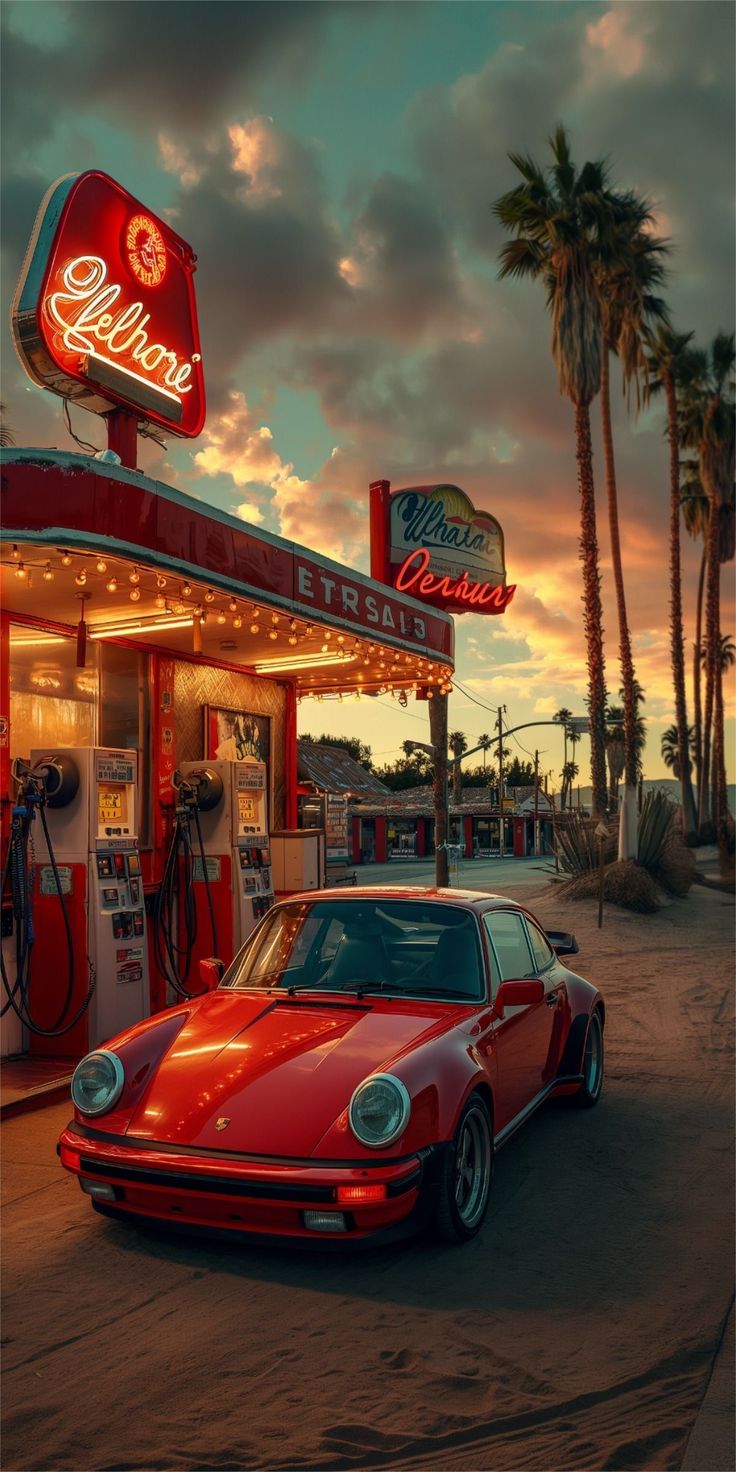 a red sports car parked in front of a gas station with palm trees at sunset