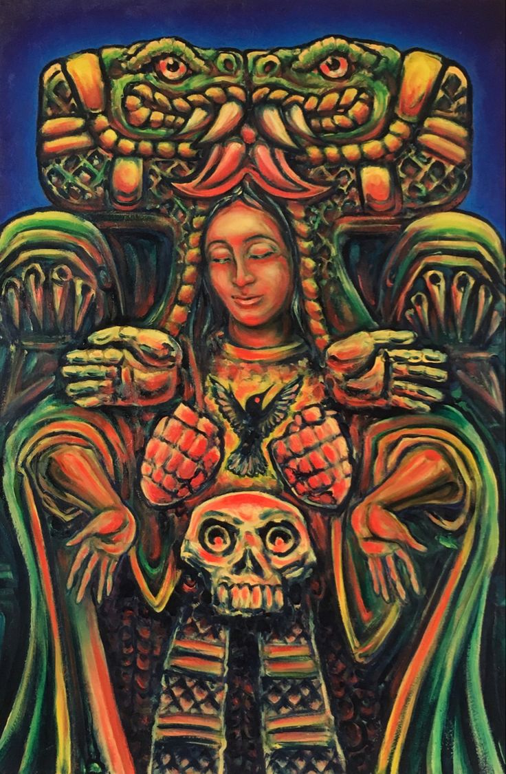 a painting of a woman holding a skull in her hands