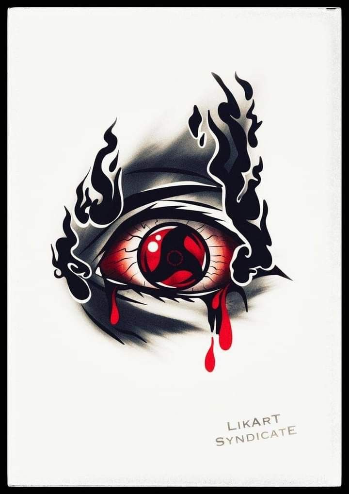 an eye with flames coming out of it and blood dripping from the iris's eyes