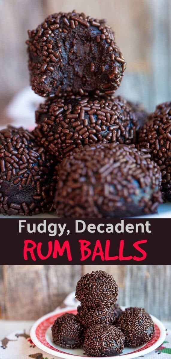 chocolate fudged, decadent rum balls are stacked on top of each other