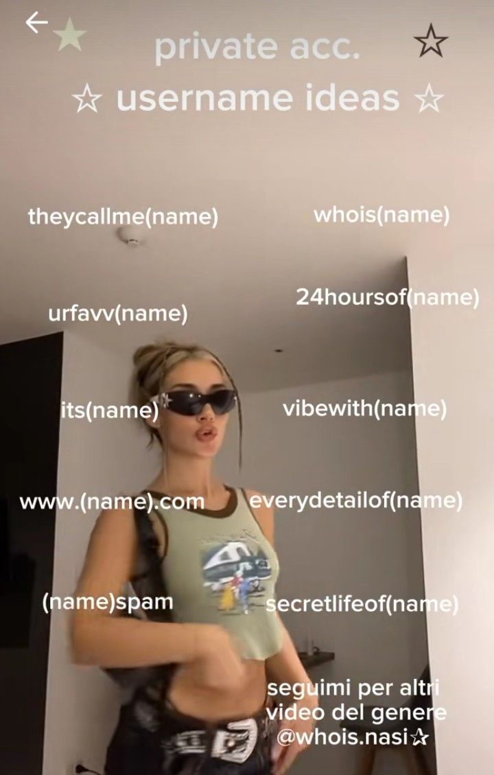 a woman standing in front of a white wall with words written below her and the caption private acc username ideas