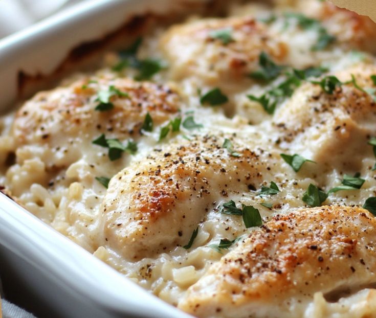 chicken and pasta casserole in a white dish with parsley sprinkled on top