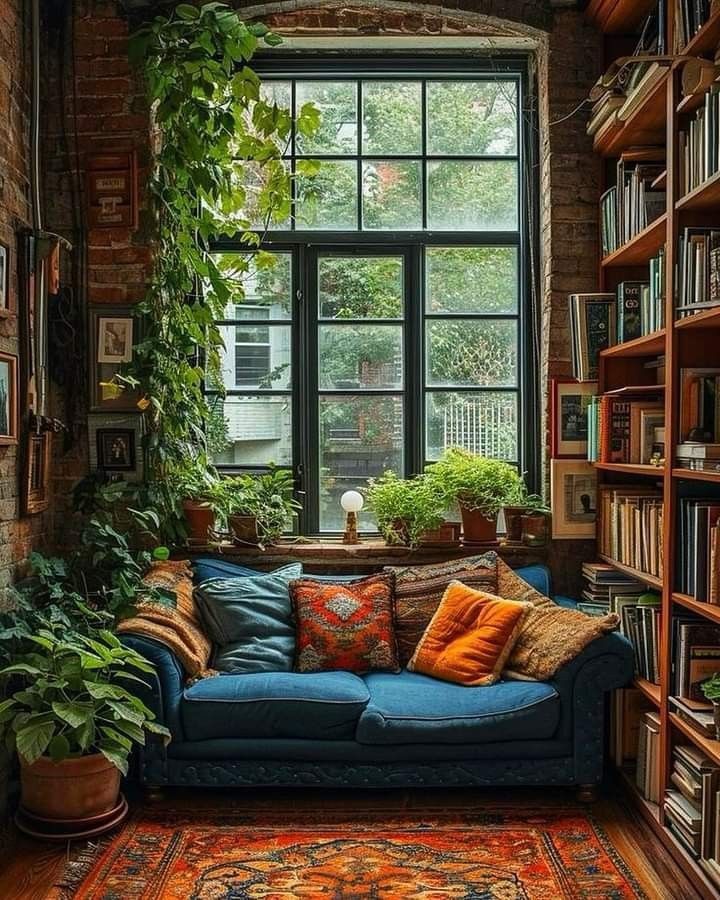 a living room filled with lots of books and plants