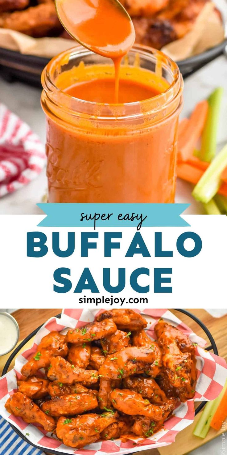 buffalo sauce being poured into a glass jar