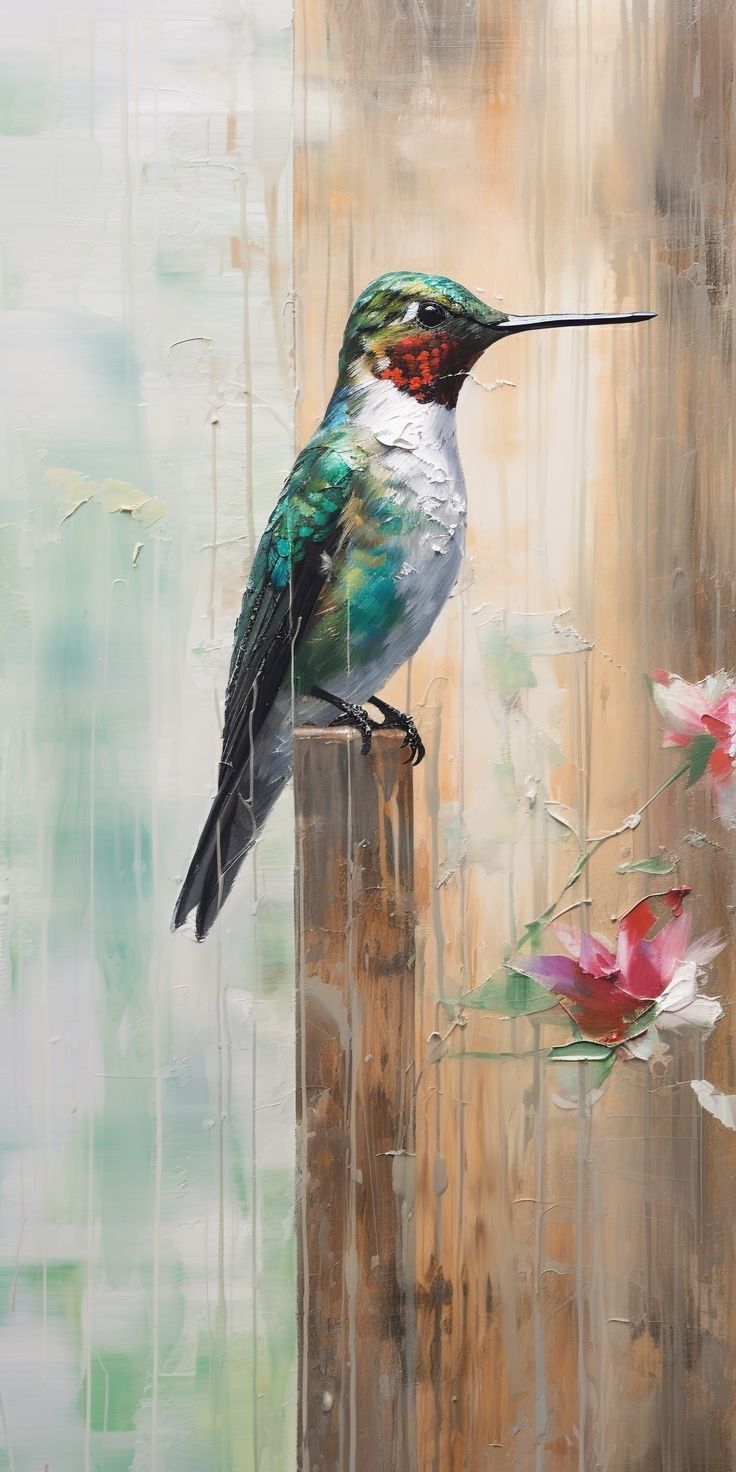 a painting of a hummingbird perched on a post