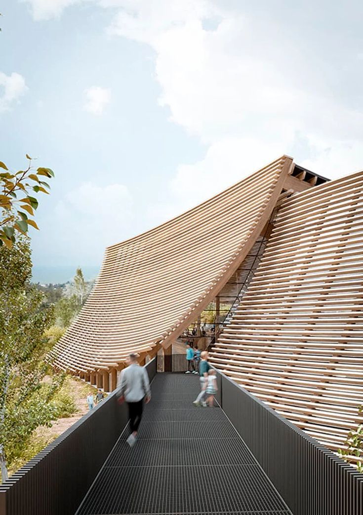 an architectural rendering of a wooden structure with people walking on the walkway next to it