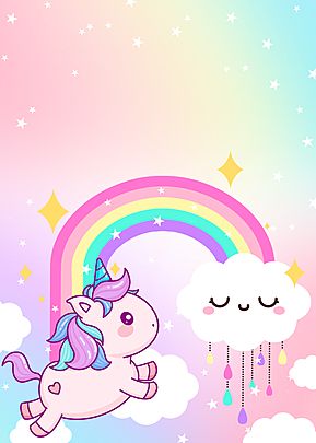 the unicorn is flying over the clouds with a rainbow