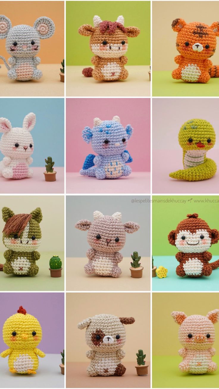 there are many small crocheted animals on this page, all in different colors