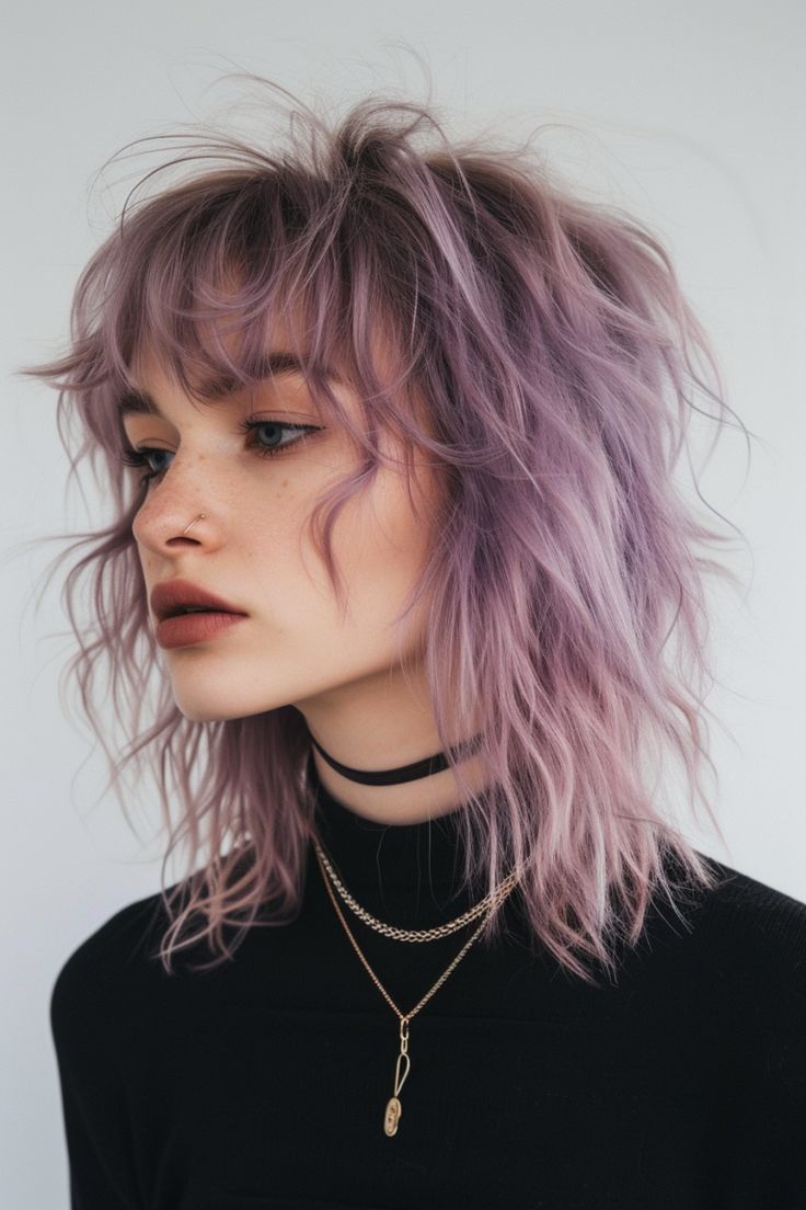 Shaggy Mullet For Women Medium, Mullet Hairstyle Ideas, Lavender Shag Hair, Mid Hairstyle Women, Traditional Mullet, Lady Mullet, Soft Mullet Hairstyle Women, Shaggy Mullet For Women, Alt Haircuts