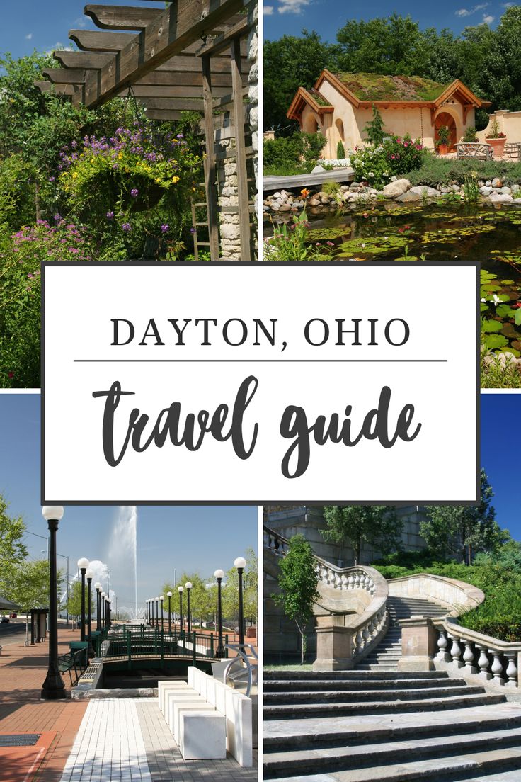 the dayton, oho travel guide with pictures of buildings and steps in it