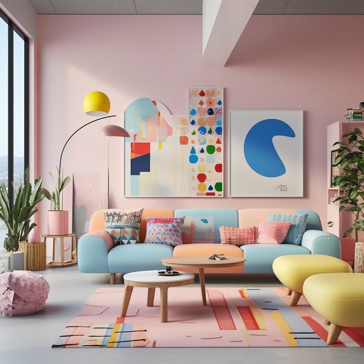 a living room with pink walls and colorful furniture