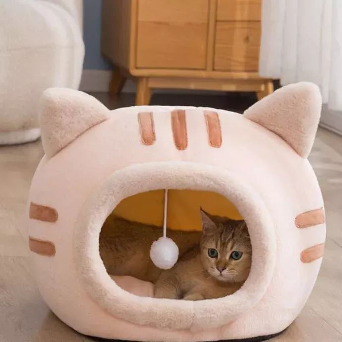 a cat is laying in a kitty bed on the floor