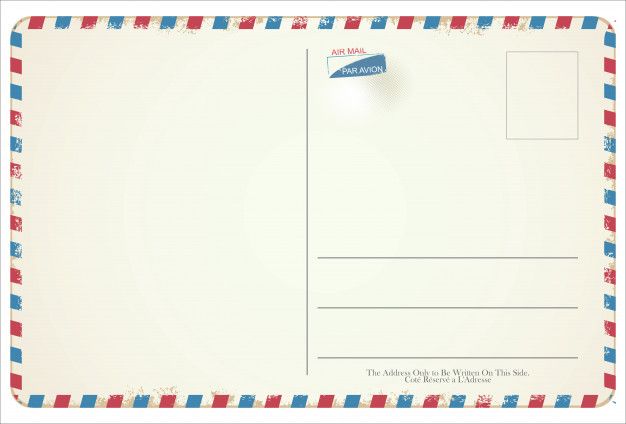 a postcard with a blue and red stripe around the corner that has an envelope on it