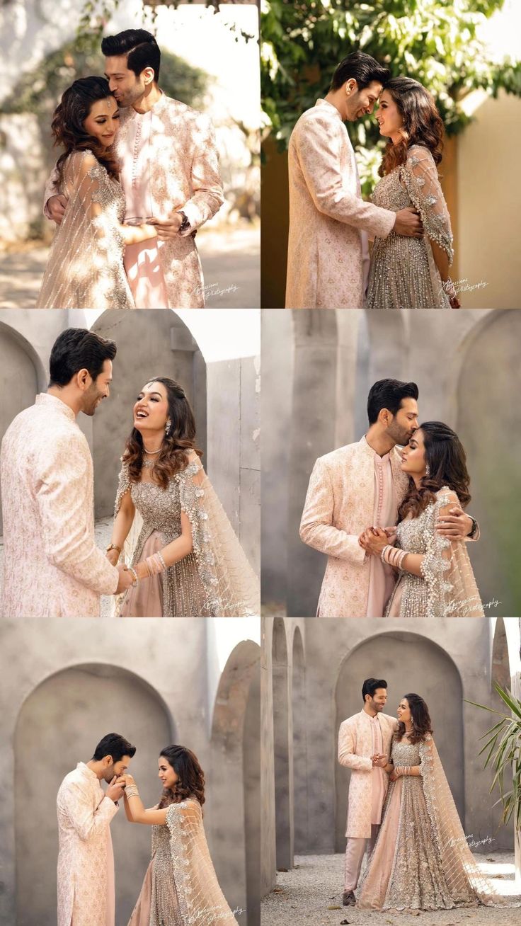 the couple is posing for pictures together in their wedding outfits and dress clothes, while they are