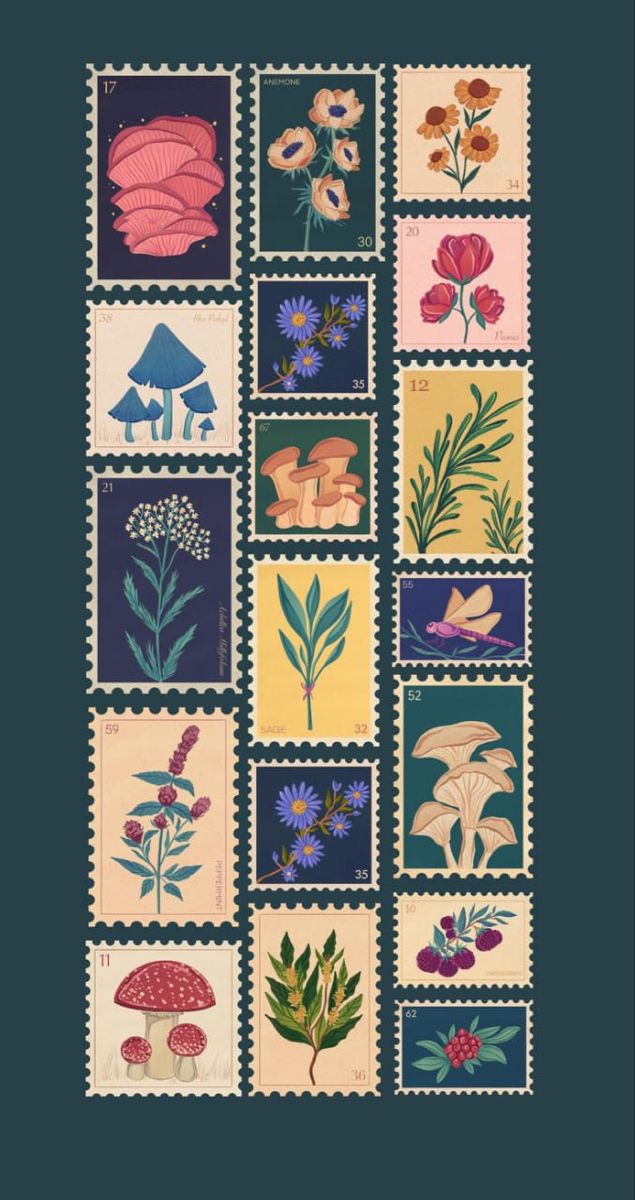 stamps with flowers and mushrooms on them