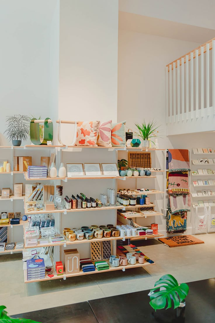 a room filled with lots of shelves and plants