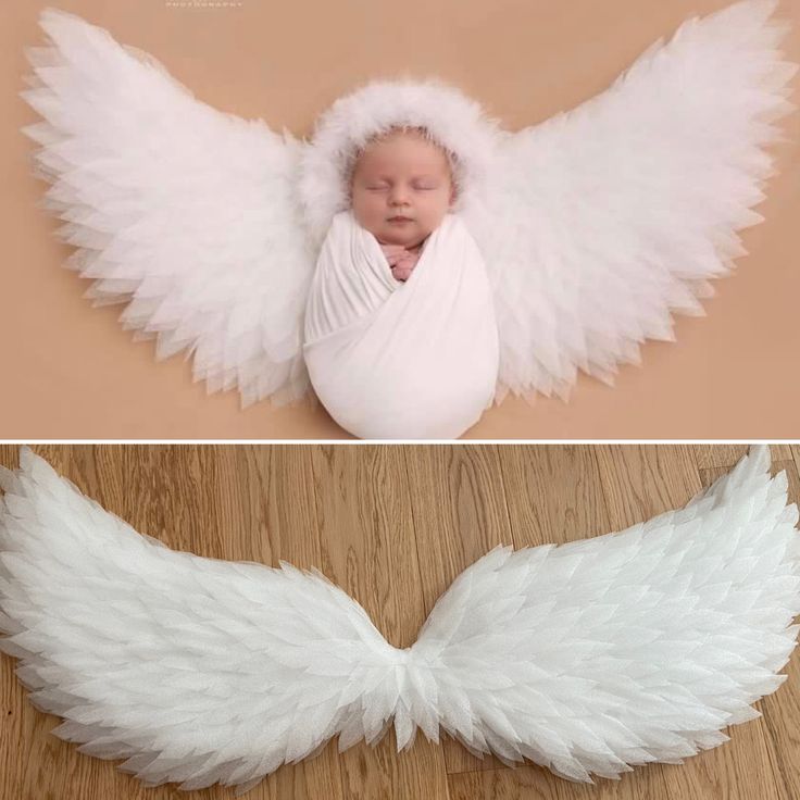 two photos one with angel wings and the other with a baby's head wrapped in a blanket