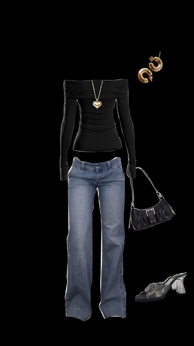 a woman in black shirt and jeans standing next to purses, shoes and handbag