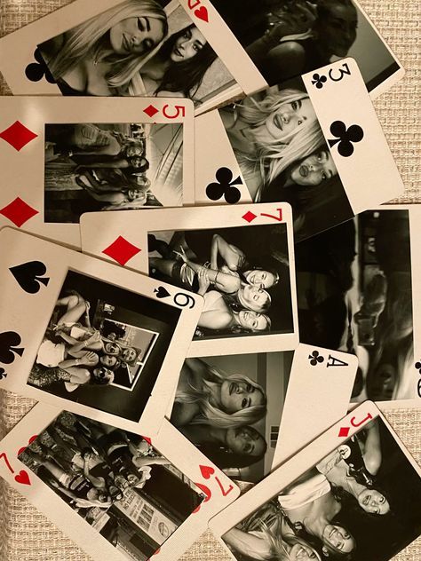 several playing cards with pictures of women and men on them, all in black and white