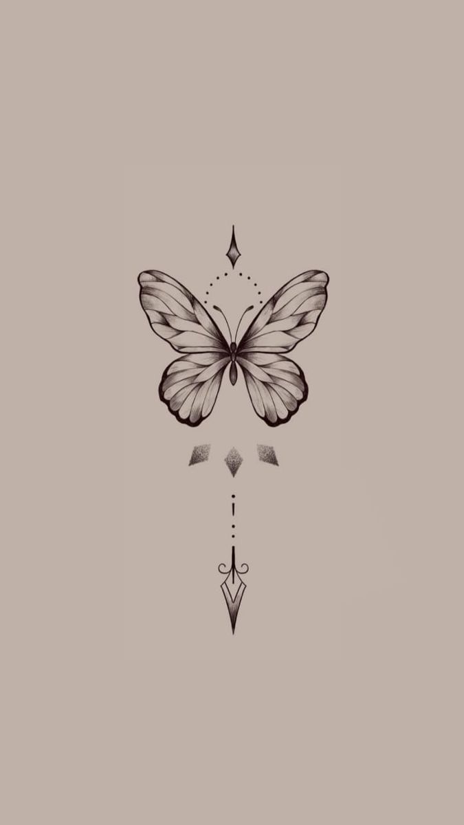 a black and white drawing of a butterfly on a light gray background with an arrow in the middle