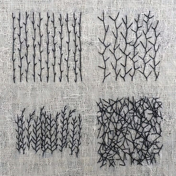 four different types of stitchs are shown on a piece of cloth with black thread