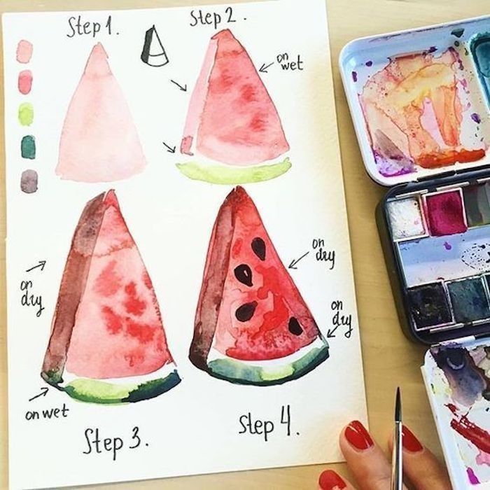 a watermelon painting is being displayed on a table with markers and paintbrushes