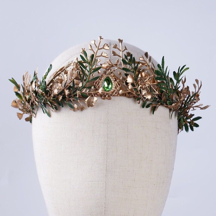 Gold Floral Wedding Crown, Fairy Crown, Elven Queen Woodland Headpiece, Elf Tiara, Flower Crown Girl, Handmade Headpiece, Elven Headband Fairy Wedding Tiara, Elven Crown Queens, Green Wedding Crown, Elven Wedding Crown, Forest Crown King, Forest Queen Crown, Elf Themed Wedding, Fairy Crown Aesthetic, Ren Faire Jewelry