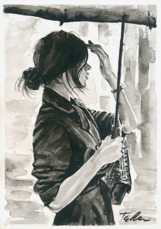 black and white drawing of a woman holding an umbrella in the rain with her hand