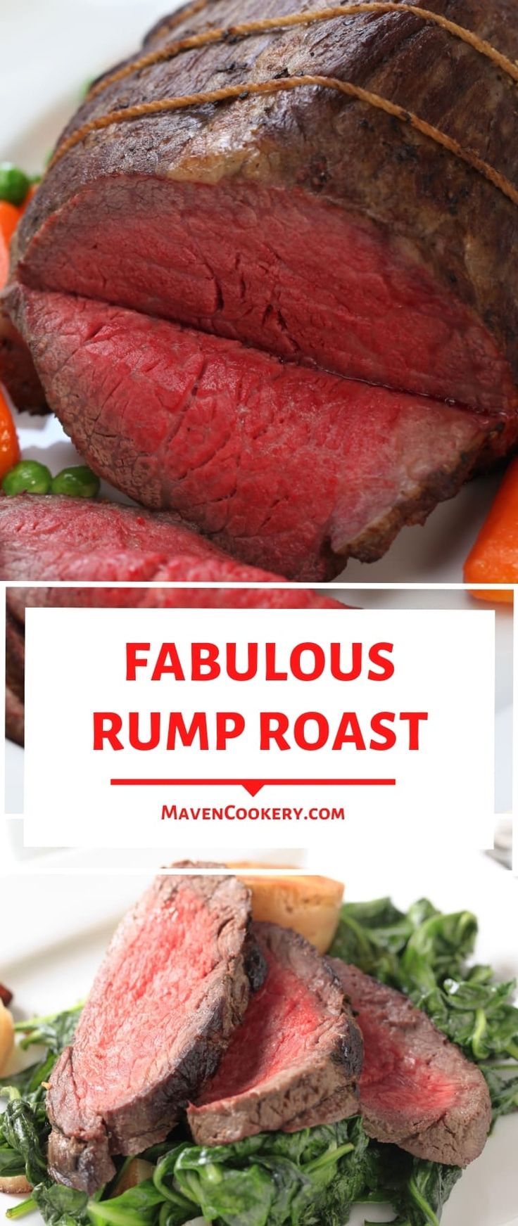 a close up of a plate of food with meat and vegetables on the side text reads fabulous rump roast