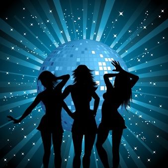 three beautiful women dancing in front of a disco ball with stars on the background illustration