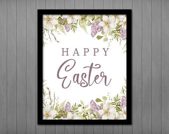 a happy easter card with flowers and leaves in the frame on a wooden wall background