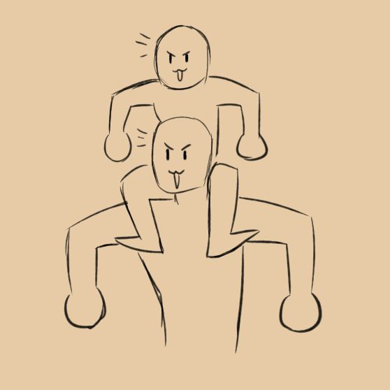 a drawing of two people sitting on top of each other, with one person holding the other