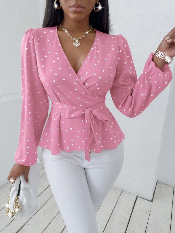 Pink Casual Collar Long Sleeve Fabric Heart,All Over Print Peplum Embellished Non-Stretch Spring/Fall Women Clothing Work Outfit Office, Trendy Business Casual, Lantern Sleeved Blouses, Business Formal Dress, Nyfw Street Style, Heart Red, Formal Dresses Gowns, Peplum Blouse, Professional Dresses