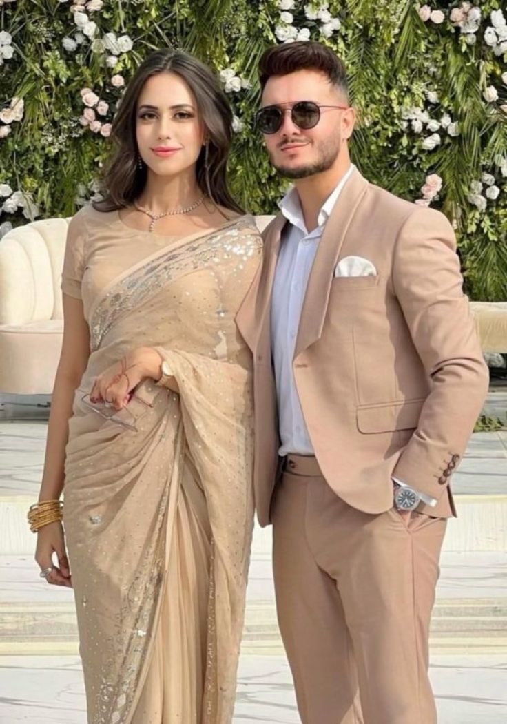 Couple dress outfits. Couple Dress Matching Indian, Ayesha Beig, Engagement Outfits Indian, Couple Dress Matching, Engagement Couple Dress, Engagement Dress For Groom, Wedding Matching Outfits, Shahveer Jafry, Beige Suit