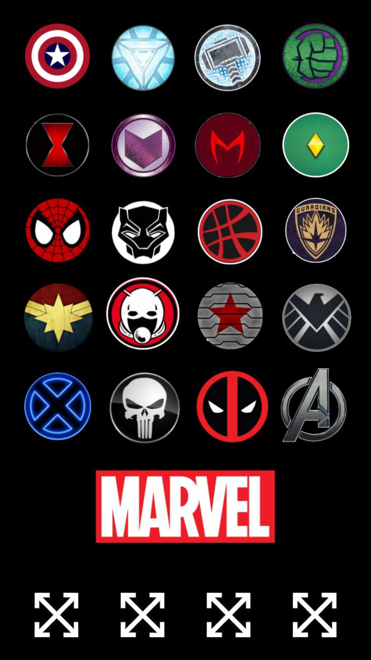 the avengers logo is shown in different colors and sizes, as well as symbols for each character