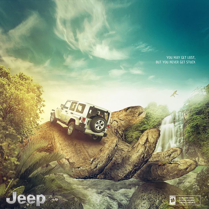 an advertisement for jeep is shown in the middle of a mountain with waterfall and trees