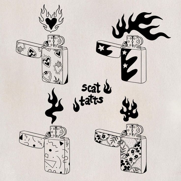 four different types of lighters with flames coming out of them and the words salt tarts written in black ink