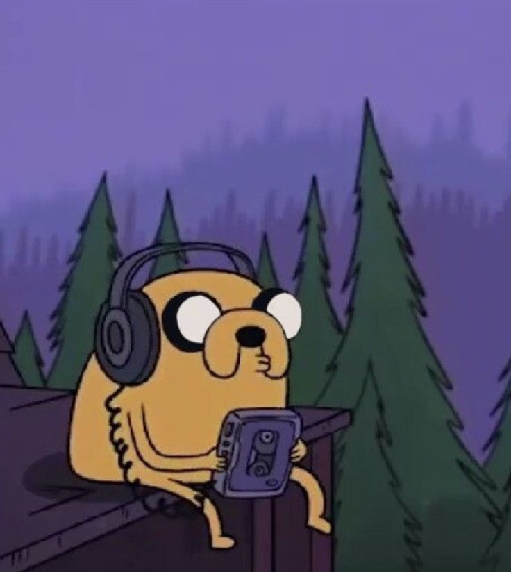 a cartoon dog wearing headphones and holding a cell phone in front of some trees