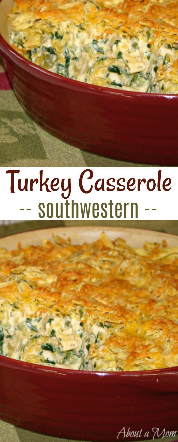 two pictures of turkey casserole with cheese and spinach in a red dish