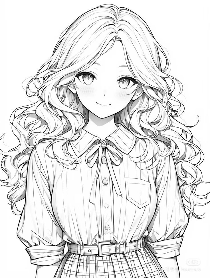 a drawing of a girl with long hair wearing a shirt and plaid skirt, she is looking at the camera