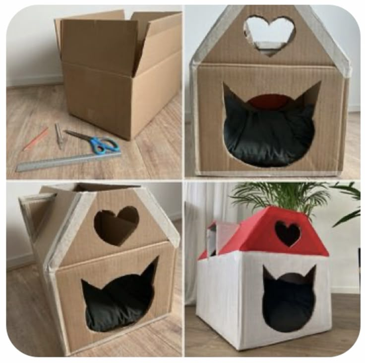 four pictures of cardboard boxes with cats in them